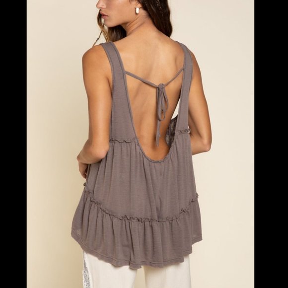 POL Ash Brown Ruffle Tank Top Open Low Scoop Back Relaxed Fit - Picture 2 of 4
